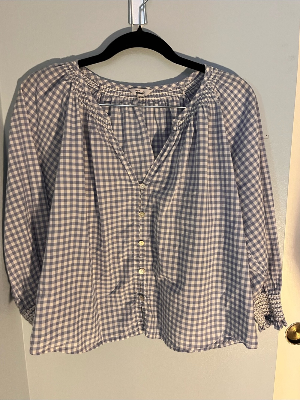 Rails Gingham Button-Front Peasant Blouse in Light Blue and White - Picture 2 of 3